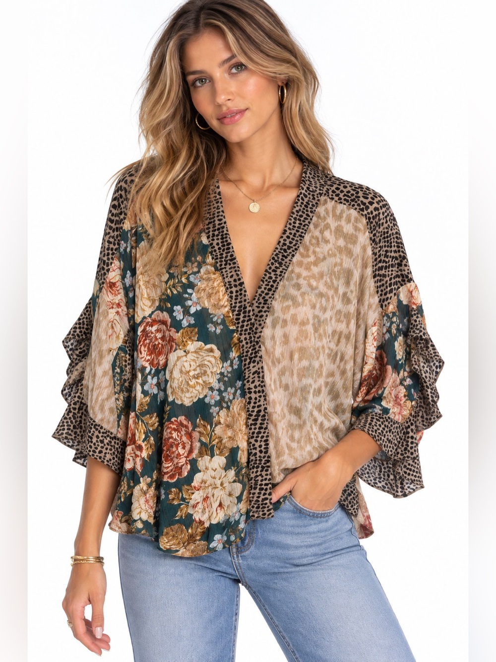 Umgee Boho Floral & Animal Print Ruffle Sleeve Kimono Top Size Large Teal/Beige